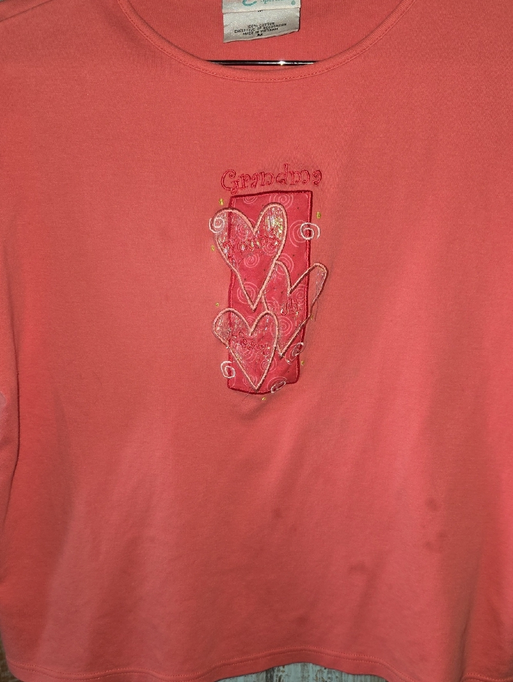 Grandma Embroidered Heart Coral Short Sleeve Tee